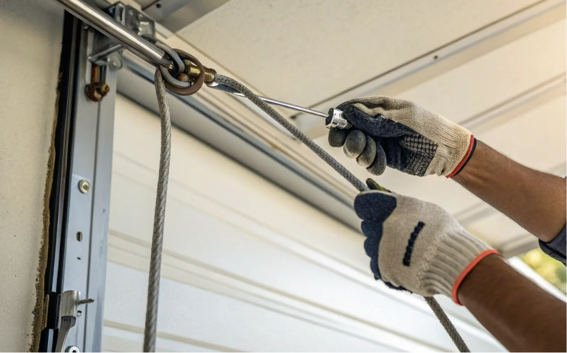 Garage door cable repair and safety inspection service showing professional maintenance